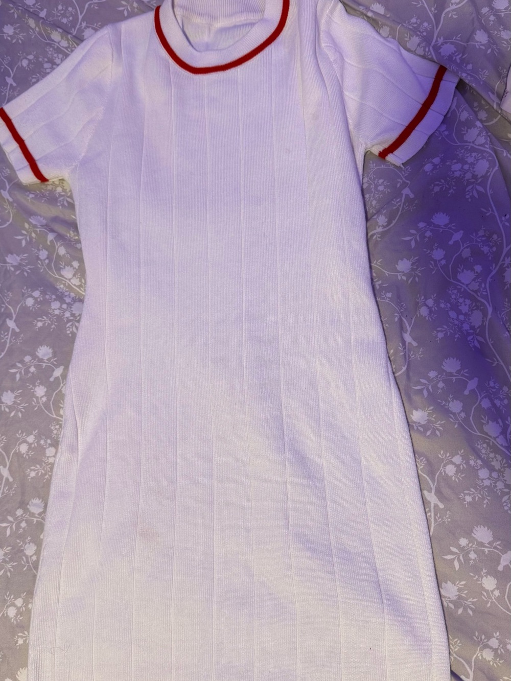 White Knit T-Shirt Dress with Red Trim